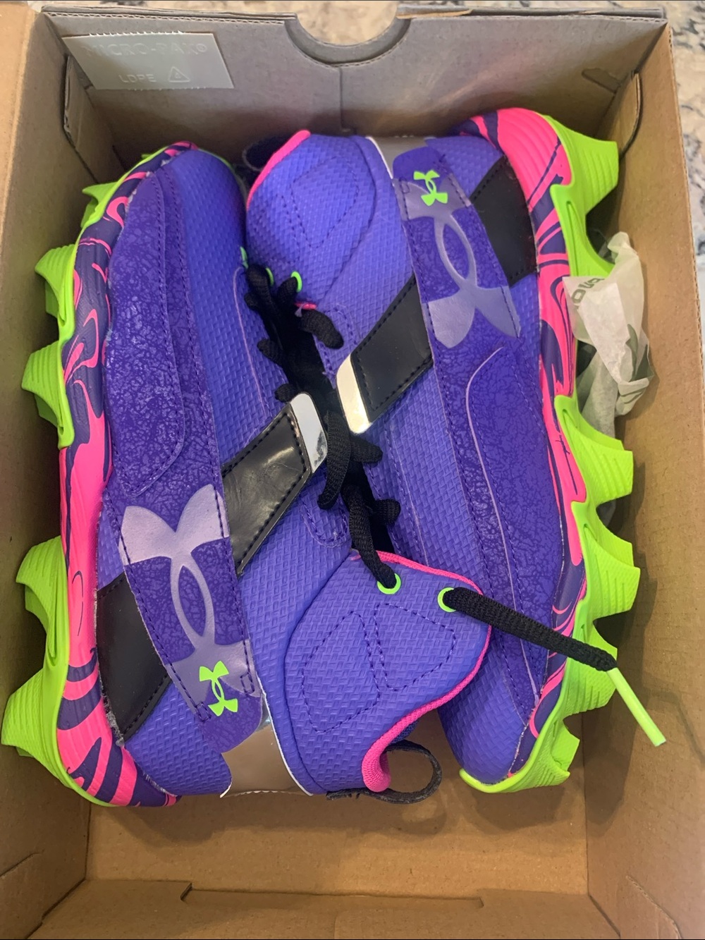 Under Armour Kids Purple with Neon Green and Hot Pink Cleats New in box 3Y